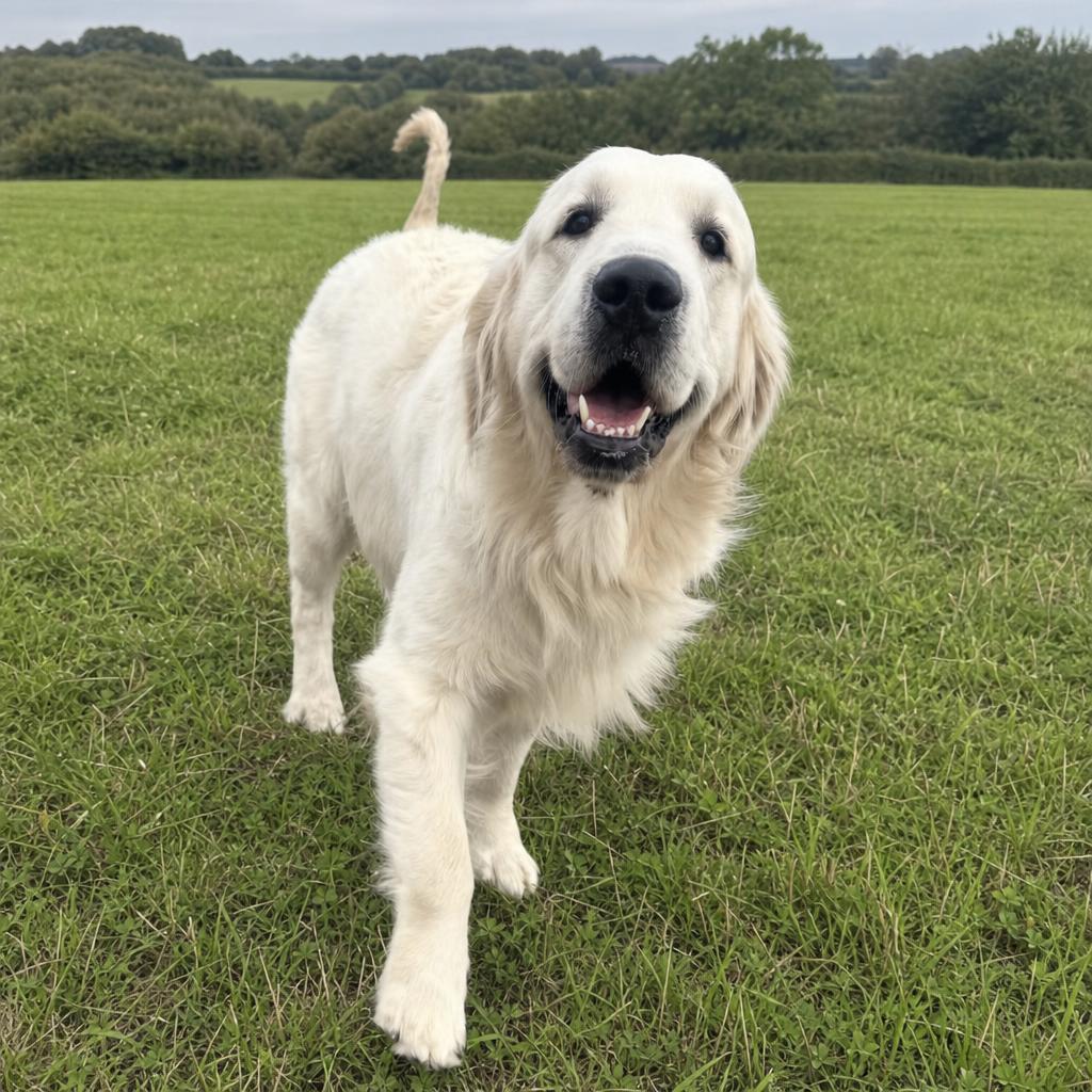 Bonzo, a pale Golden Retriever standing outdoors